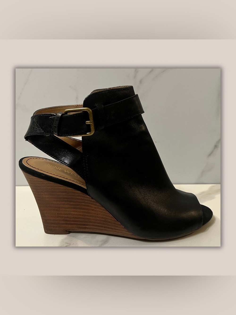 NINE WEST LEATHER PEEP-TOE WEDGE SANDAL - BLACK | SZ 9.5